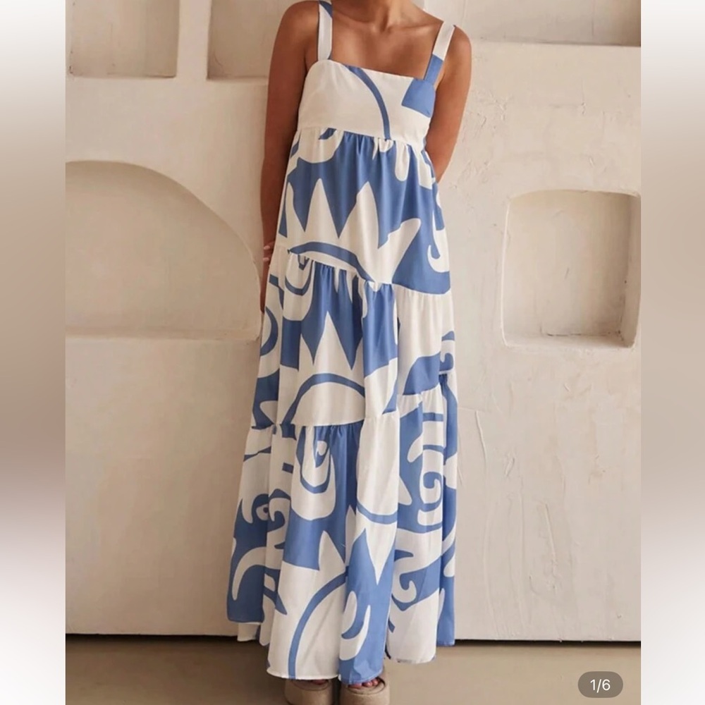 Blue and White Patterned Maxi Dress